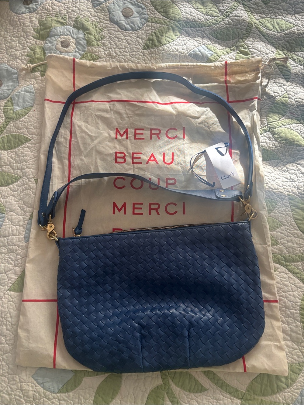 Clare V. Moyen Messenger - French Blue Diagonal Woven - Like New